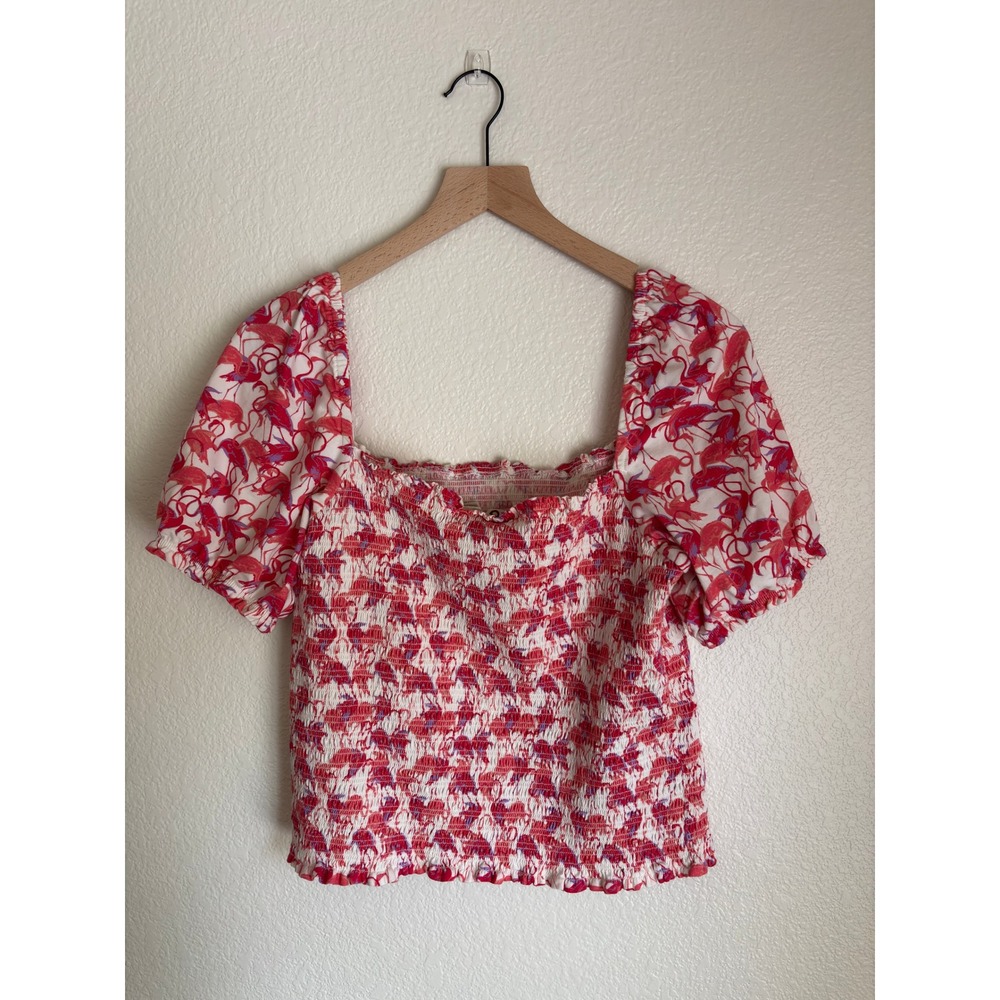 Dolan Left Coast — Anthropologie Pink Flamingo Smocked Puff Sleeve Blouse Large
